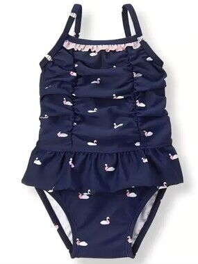 Girl's Navy Swan Ruffle One-Piece Swimsuit - Pink Accent • 6-12 MONTHS